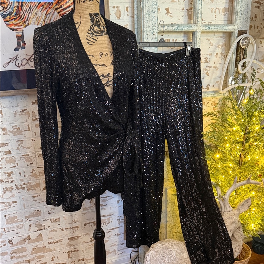 Badgley Mischka Black Sequin Pantsuit